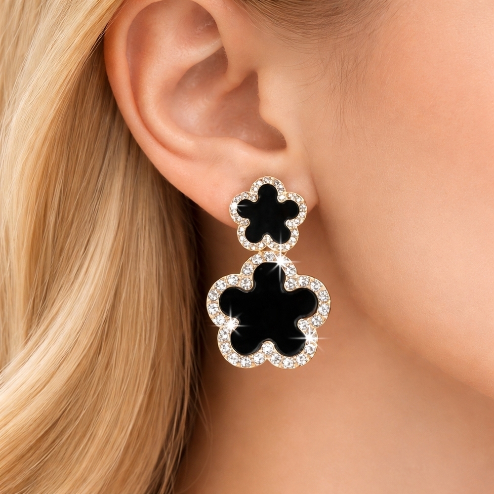 18k Gold Plated Double Flower Design Inlaid Rhinestones Drop Earrings